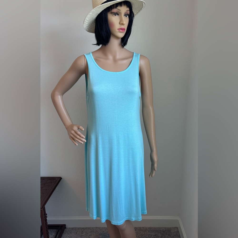 HiMone NWT Light Blue Sleeveless Swing Dress Beach Cover Up Side Pockets Size LG
